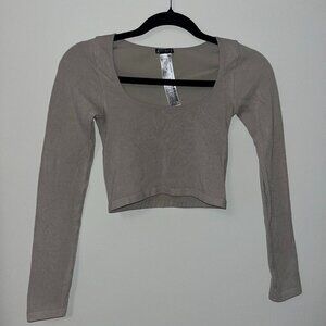 Zara Sage Green Ribbed Longsleeve Scoop Neck Seamless Crop Top | Size XS-S